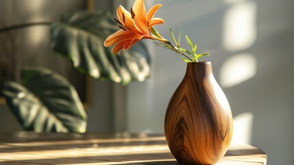 Wall Mural - Crafted Idigbo wood vase with faux flower in morning light