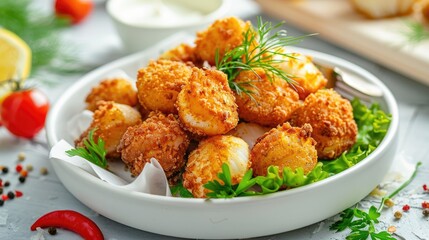 Canvas Print - Tasty fried scallops in a dish presented on a white tabletop Suitable for adding text