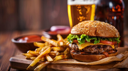 Big tasty burger and fries with beer on background on the wooden table


