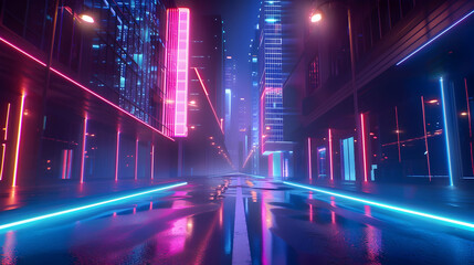 Wall Mural - Bright neon night in a cyberpunk city. Photorealistic 3d illustration of the futuristic city. Empty street with blue neon lights.


