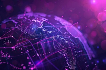 A purple background with digital world map and global network connections