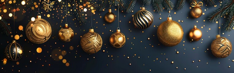 Wall Mural - Golden Christmas Baubles on Black Background - Vector Illustration for Greeting Card, Banner, and Decoration