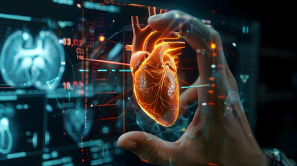 Cardiologist doctor examine patient heart functions and blood vessel on virtual interface. Medical technology and healthcare treatment to diagnose heart disorder and disease of cardiovascular system.
