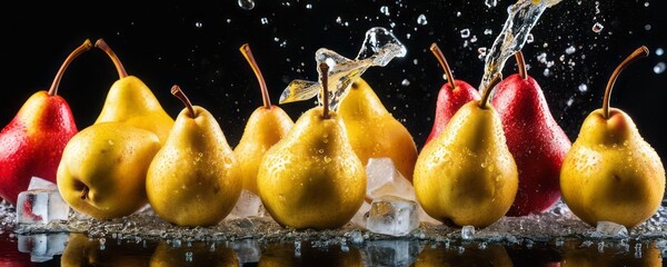 Wall Mural - Fresh juicy red and yellow pears in water splashes and ice cubes on black background with copy space. Citrus fruits cut in water drops. Summer freshness, poster design. Flat lay, top view