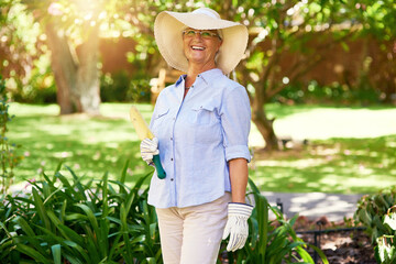 Sticker - Elderly woman, portrait and garden tool with summer hobby for sustainability, sunshine and growth for plants. Female person, senior farmer and retirement with shovel and eco friendly for environment