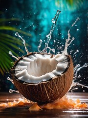 Wall Mural - Coconuts and water drops and splashes on a tropical leaves background. Summer still life. Banner with copy space, place for text. 