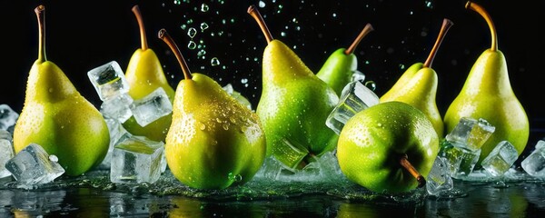 Wall Mural - Fresh juicy green pears in water splashes and ice cubes on black background with copy space. Fruits cut in water drops. Summer freshness, poster design. Flat lay, top view