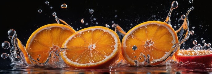 Wall Mural - Slices of fresh juicy oranges in water splashes on black background with copy space. Citrus fruits cut in water drops. Summer freshness, poster design. Flat lay, top view