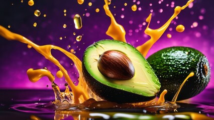 Wall Mural - Fresh wet avocado in water drops and splashes on black background. Photo of juice vegetablest. Flat lay, top view. Organic concept.
