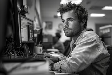 Wall Mural - A young man with a focused expression works at a computer in a modern office, highlighting the dynamic nature of contemporary professional environments