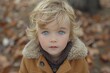 © aicandy - A candid portrait of a child with striking blue eyes, surrounded by autumn leaves, showcasing the natural beauty and innocence of youth captured outdoors
