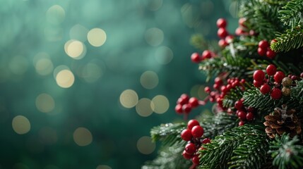 Festive Christmas Tree Branch with Garland on Green Background