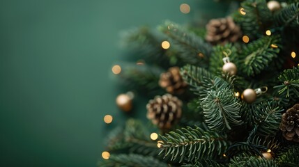 Festive Christmas Tree Branch with Garland on Green Background