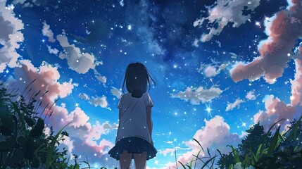 Anime girl is standing and looking at the sky.