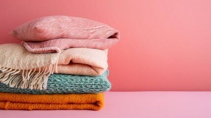 Wall Mural - Folded warm blankets and pillow arranged on a pink surface
