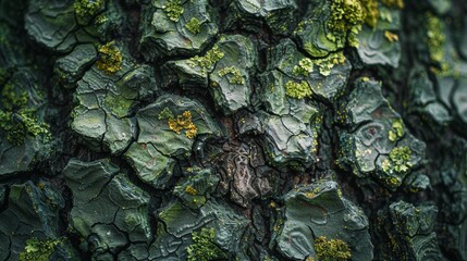 A detailed close-up image portrays the intricate textures and vibrant green and yellow lichens growing on the rugged bark of a tree in a forest