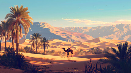 A vast desert landscape, with rolling dunes and a clear blue sky, a lone camel standing near an oasis with palm trees. Background features distant mountains and a shimmering mirage. Warm, golden light