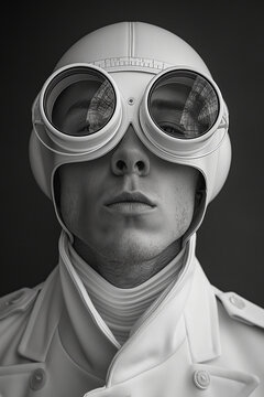 A man wearing a white hat and goggles is posing for a photo