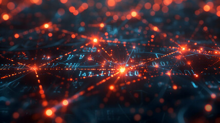 A 3D abstract background depicting a digital network grid, with glowing nodes and connections illustrating data transfer and connectivity