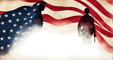 Luxury Memorial Day banner with copy space, USA Veterans Day background, soldier silhouette, and flower field.