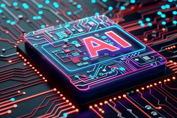 Poster - AI Processor on Circuit Board, High Tech Components, Glowing Neon Lights, Cyber Technology, Advanced Microchip, Digital Innovation