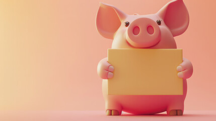 Wall Mural - Adorable Pig Holding Blank Sign on Gradient Background Perfect for Custom Messages, Announcements, and Cute Designs