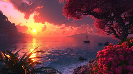 Wall Mural - Stunning natural setting with vibrant sunset in a beautiful world