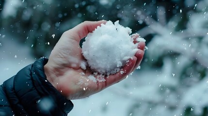 Hand holding snowball in winter with snowfall outside