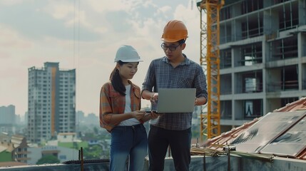 Wall Mural - Professional Asian man and woman teamwork engineer and foreman using laptop working outdoor at construction site building rooftop Architecture inspector inspect building exterior struc : Generative AI