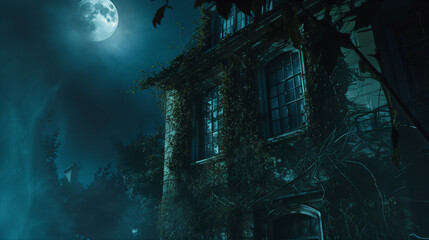 Canvas Print - A haunted mansion at night, with broken windows and overgrown vines, a ghostly figure visible in one of the windows. The background features a full moon and dense fog. Dark, eerie lighting with deep s
