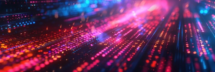 Abstract digital background with neon lights and binary code for a cyber technology concept.