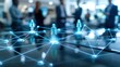 © Lexyat - Business people standing in an office, connected in the style of glowing connections between them and human figures on the table