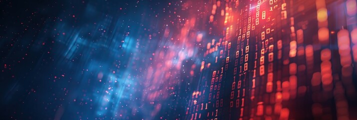 Abstract digital background with neon lights and binary code for a cyber technology concept.