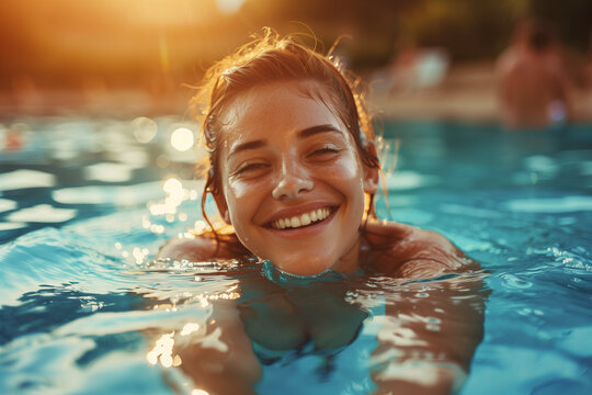 Young woman swimming in a pool with a big smile, enjoying the refreshing water, wearing a swimsuit, experiencing the heat and fun of summer vacation