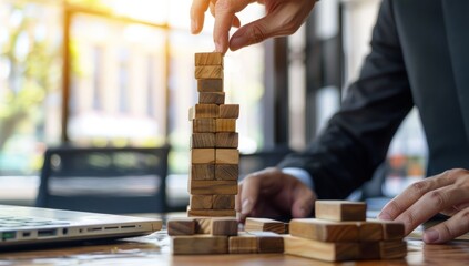 Businessman building and connecting wooden blocks or bricks in tower for business plan