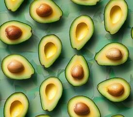 Seamless repeating pattern of beautifully arranged avocado halves in a variety of lush verdant green hues  This image showcases the natural elegance and nutrition packed appeal of the avocado