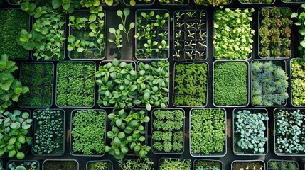 Wall Mural - An overhead shot showcases a microgreen farm with various types of microgreens growing in trays. Generative AI