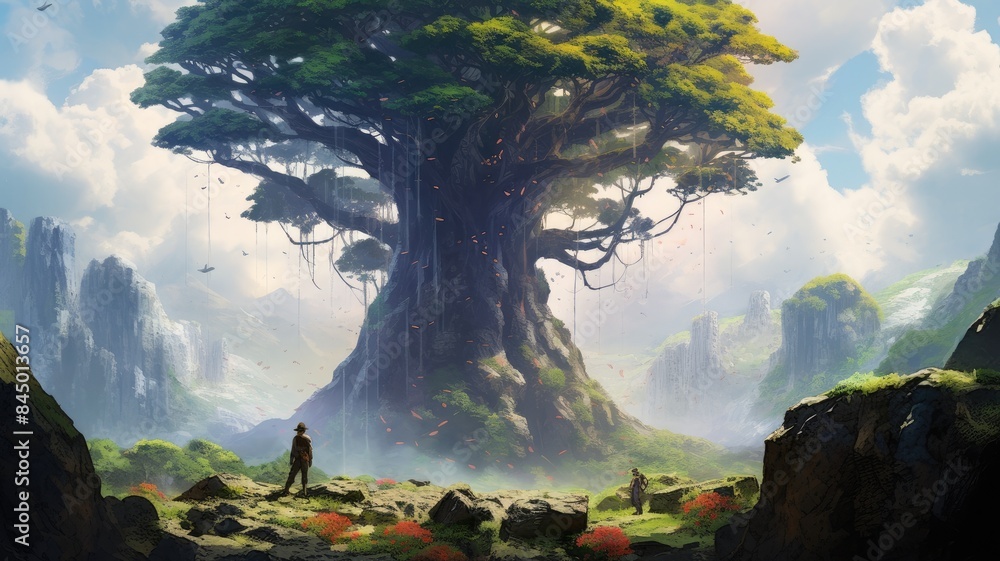 Digital art of fantasy landscape with giant tree and figure by the ...