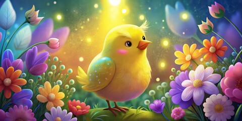 Sticker - Cheerful little yellow bird surrounded by colorful spring flowers on an Easter background , bird, spring, Easter, flowers, cute, yellow, nature, season, joyful, celebration, happy, bloom