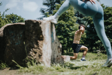 Two people engaging in outdoor fitness training, performing warm up exercises in a scenic park setting.