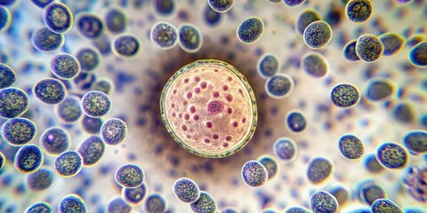 Poster - Yeast cell under microscope in gram stain , microbiology, biology, science, laboratory, research, yeast, cell, microscope, gram stain, scientific, close-up, detail, petri dish