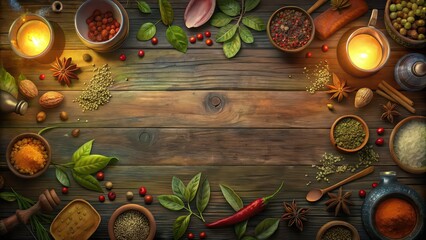 Sticker - A pattern of various spices and cooking ingredients on a rustic wooden table , spices, cooking, ingredients, herbs, seasoning, food, kitchen, culinary, flavor, organic, natural, healthy