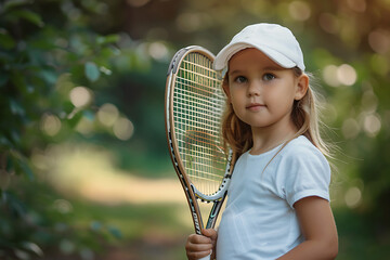 Wall Mural - A portrait of a child girl wears tennis clothes holds a racket in her hands in the park in summer day