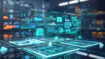 Wall Mural - online data backup system virtual display futuristic digital business data management software techn