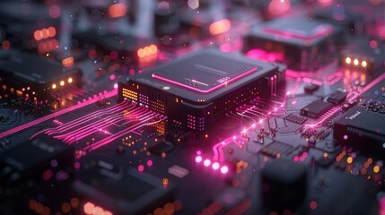 Abstract futuristic circuit board with glowing pink lines and a central processor.