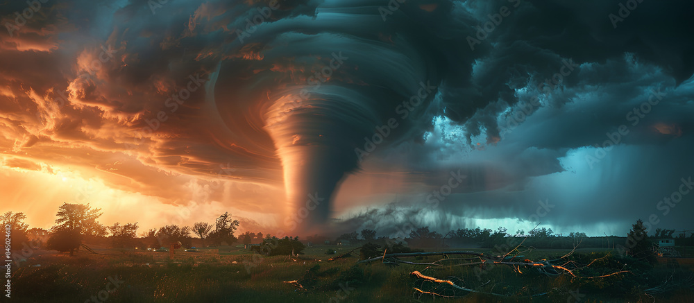 Tornado forming destruction over a populated landscape. Severe ...