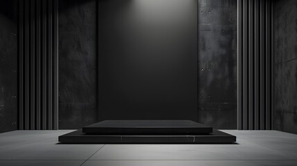 Poster - pedestal of platform display with black stand podium on dark room background. blank exhibition or em