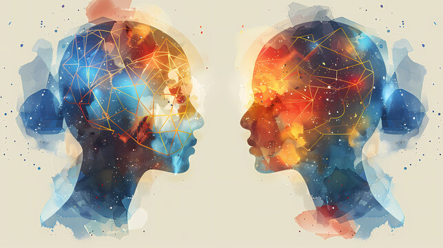 Abstract illustration of two human profiles with geometric patterns and vibrant nebula-like colors.
