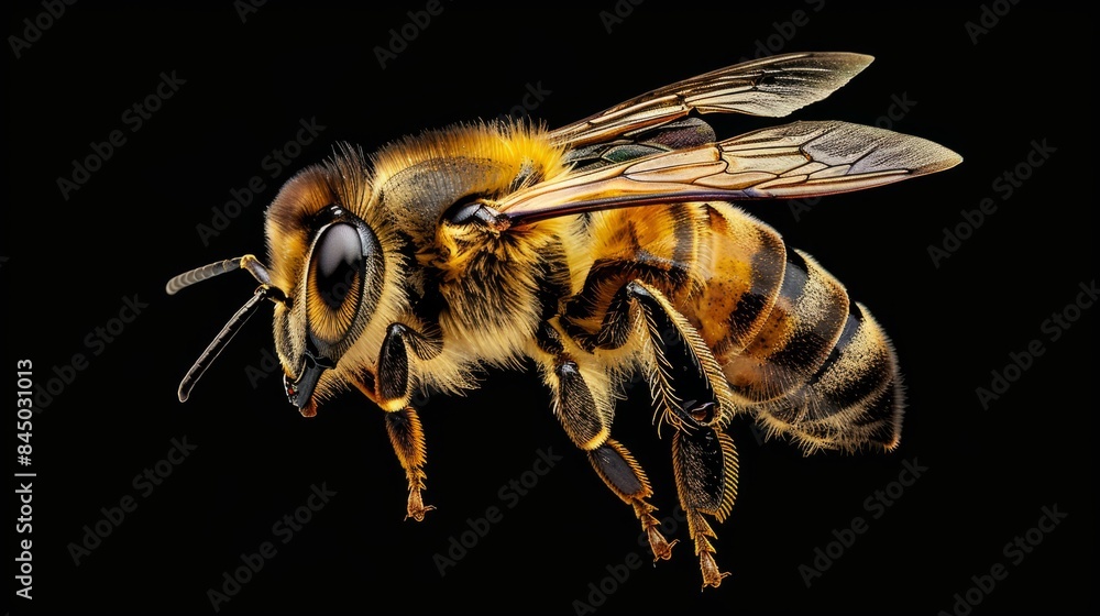 bee in profile, highlighting the extension of its wings, legs and the ...