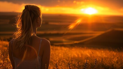woman looking at the horizon as the sun sets generative ai